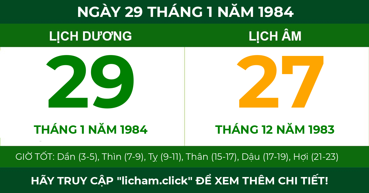 lịch âm ngày 29 tháng 1 năm 1984