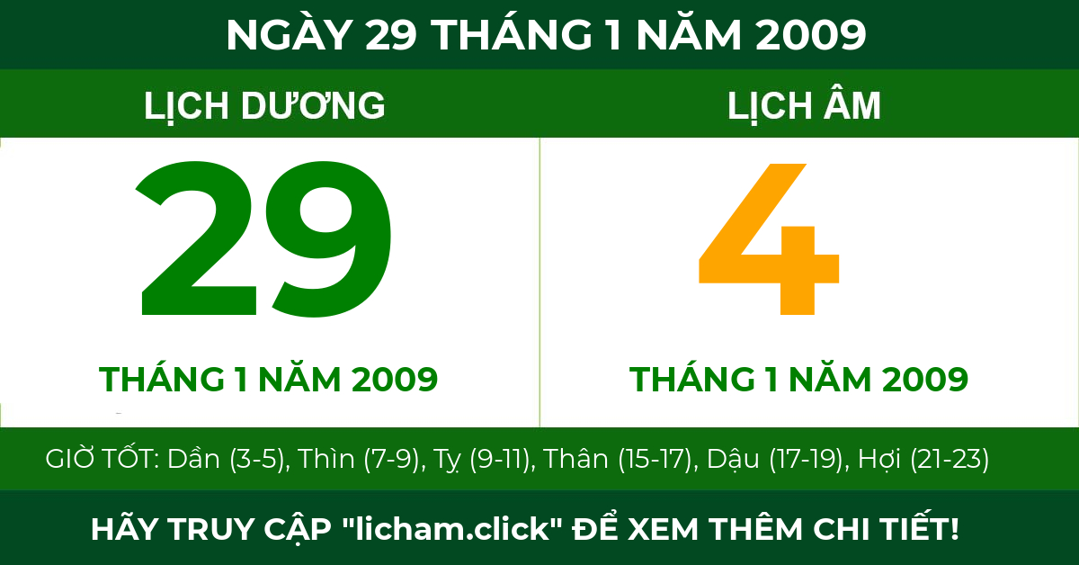 lịch âm ngày 29 tháng 1 năm 2009