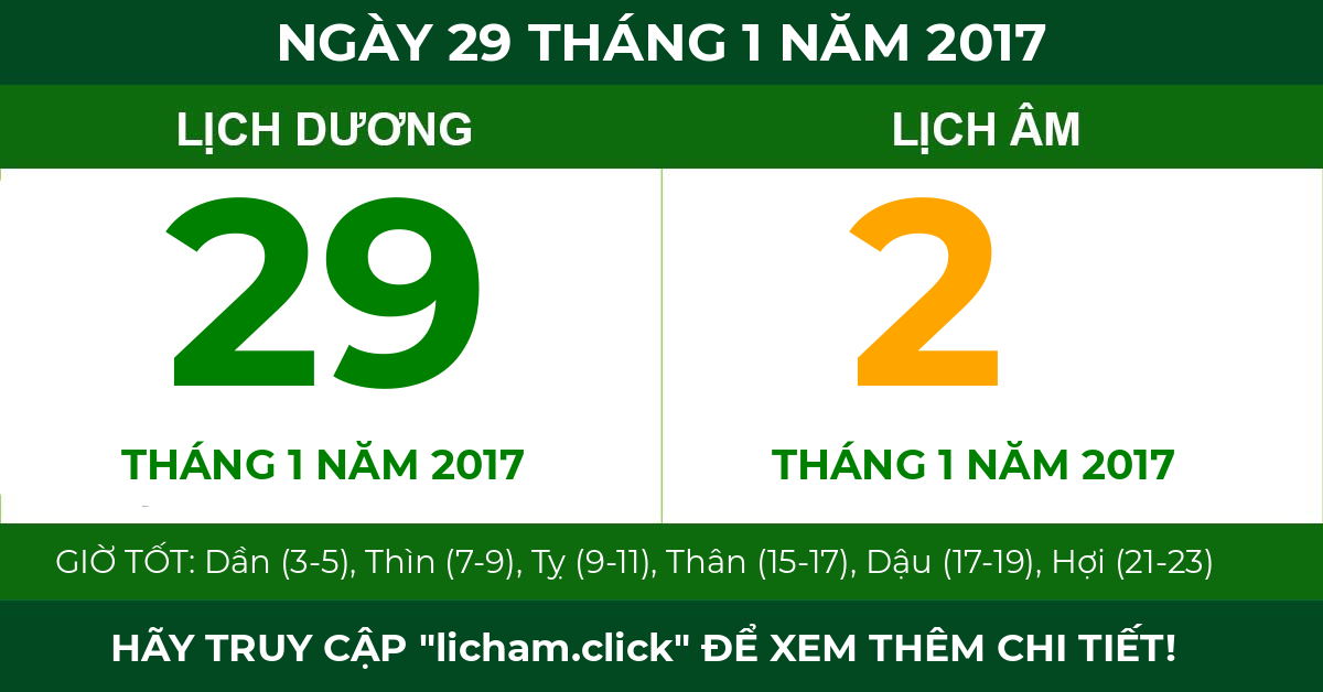 lịch âm ngày 29 tháng 1 năm 2017