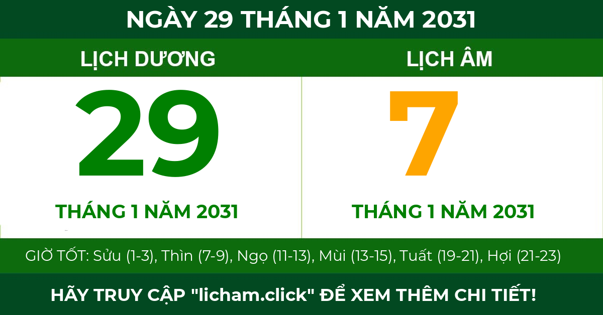 lịch âm ngày 29 tháng 1 năm 2031