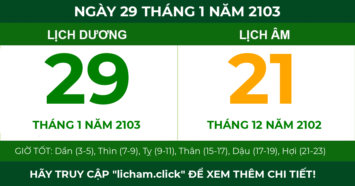 lịch âm ngày 29 tháng 1 năm 2103