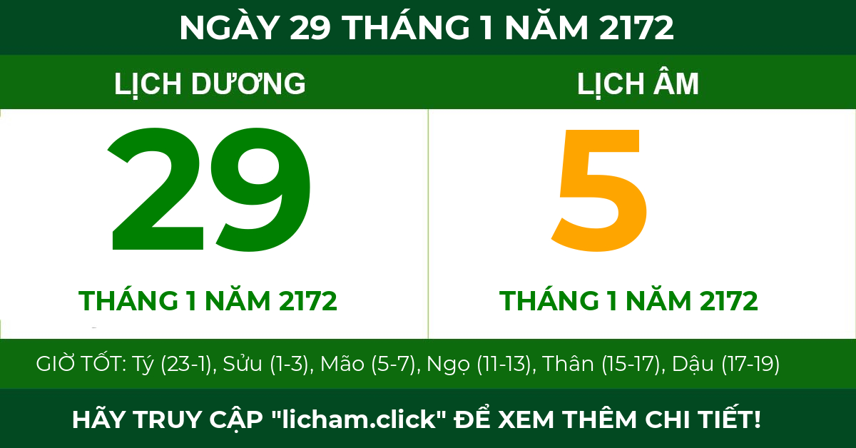 lịch âm ngày 29 tháng 1 năm 2172
