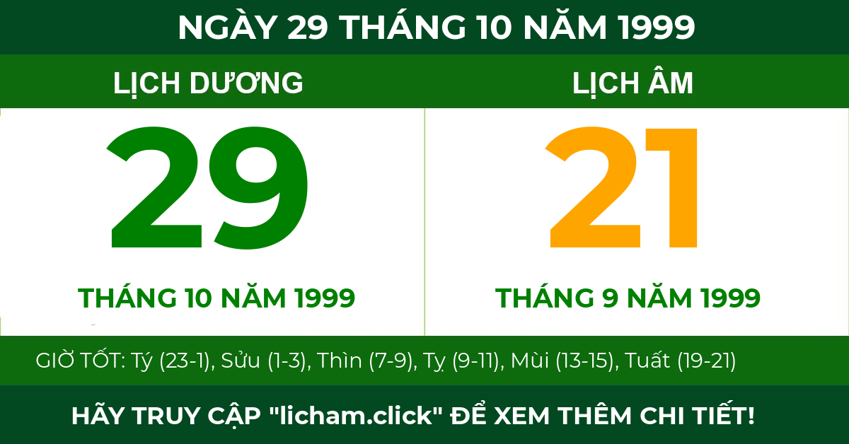 lịch âm ngày 29 tháng 10 năm 1999
