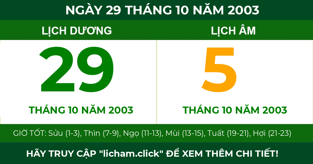 lịch âm ngày 29 tháng 10 năm 2003
