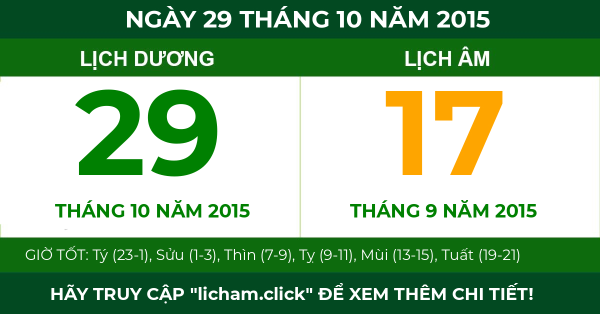 lịch âm ngày 29 tháng 10 năm 2015