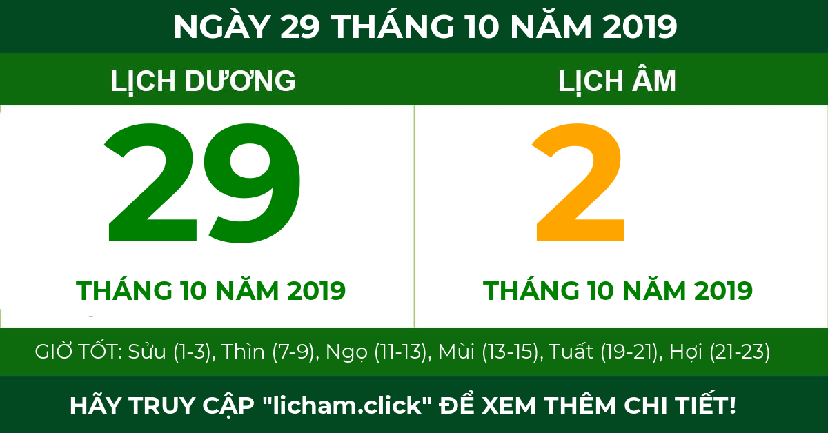 lịch âm ngày 29 tháng 10 năm 2019