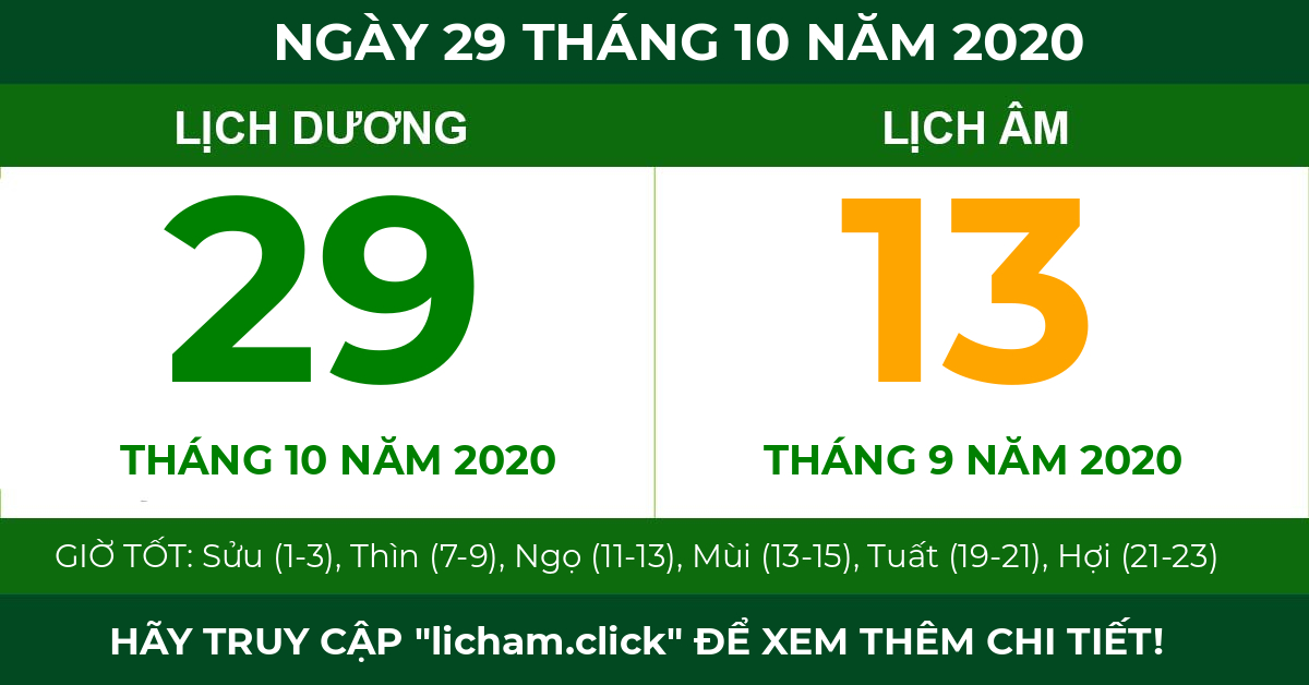lịch âm ngày 29 tháng 10 năm 2020