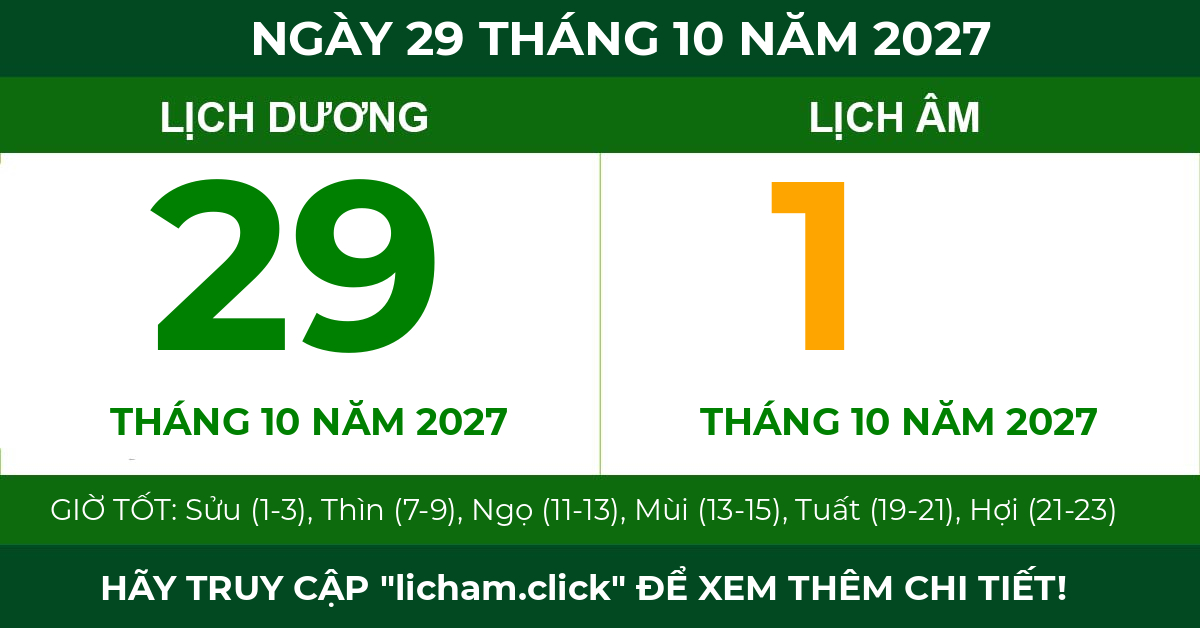 lịch âm ngày 29 tháng 10 năm 2027