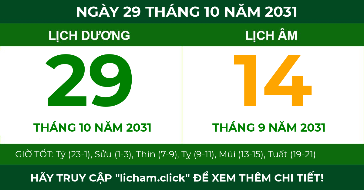 lịch âm ngày 29 tháng 10 năm 2031