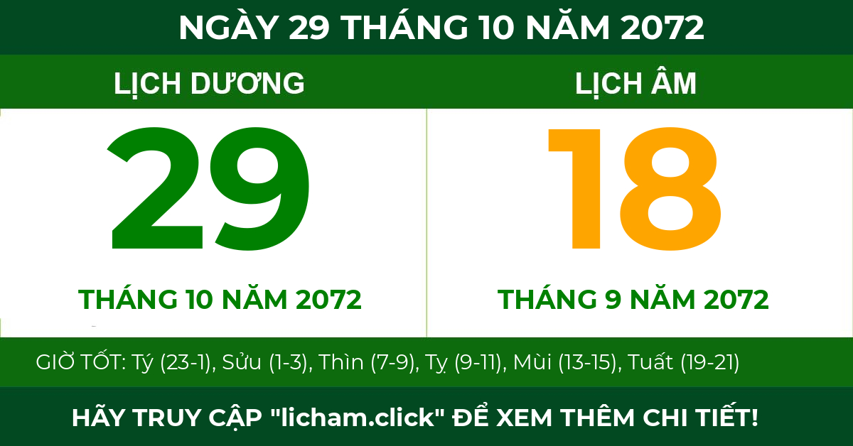 lịch âm ngày 29 tháng 10 năm 2072