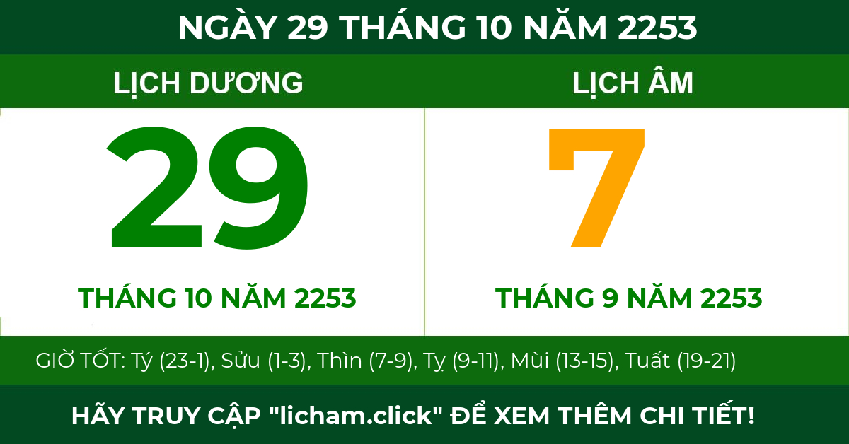 lịch âm ngày 29 tháng 10 năm 2253