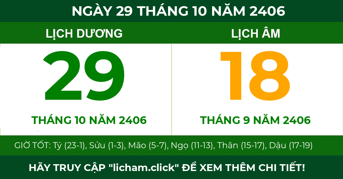 lịch âm ngày 29 tháng 10 năm 2406