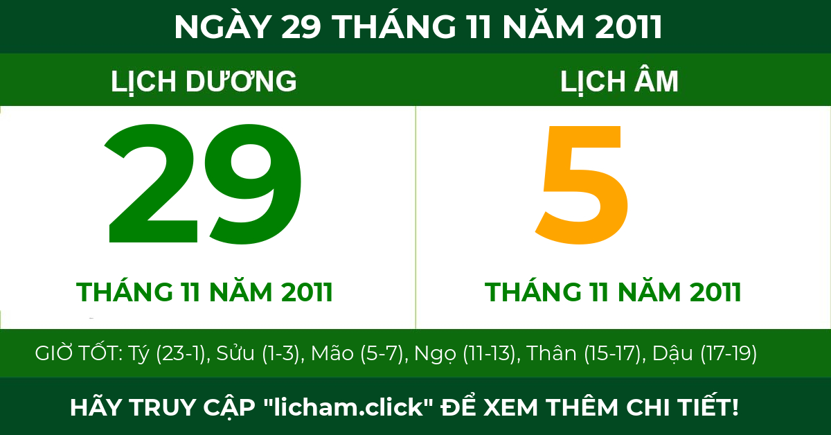 lịch âm ngày 29 tháng 11 năm 2011