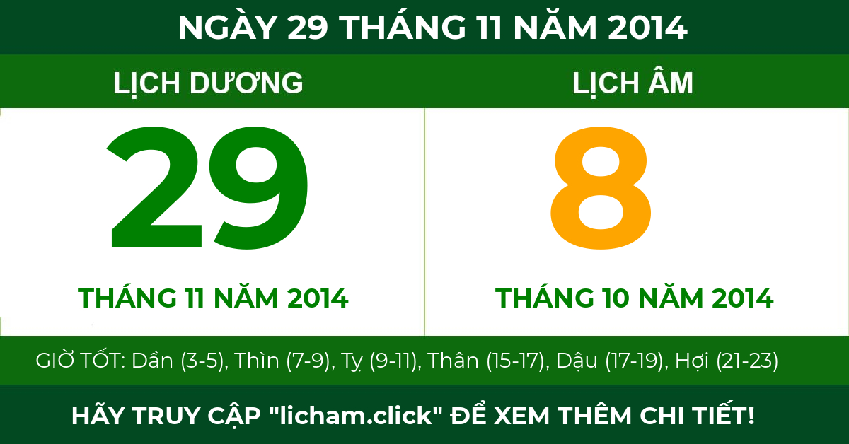 lịch âm ngày 29 tháng 11 năm 2014
