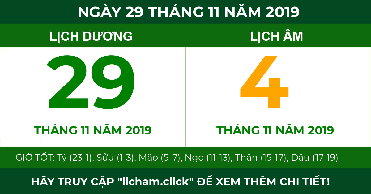 lịch âm ngày 29 tháng 11 năm 2019