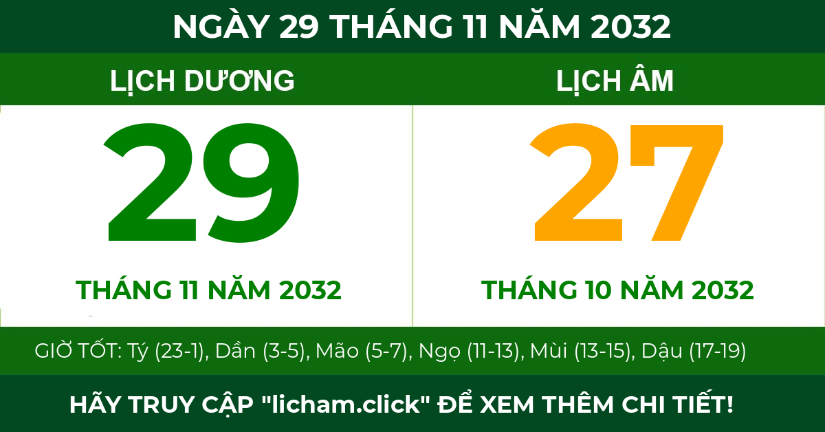 lịch âm ngày 29 tháng 11 năm 2032