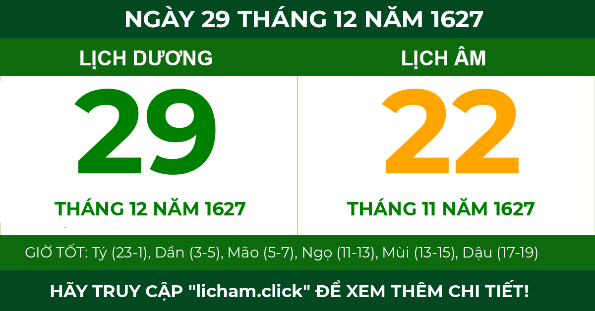 lịch âm ngày 29 tháng 12 năm 1627