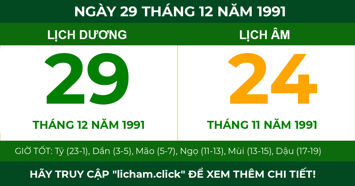 lịch âm ngày 29 tháng 12 năm 1991