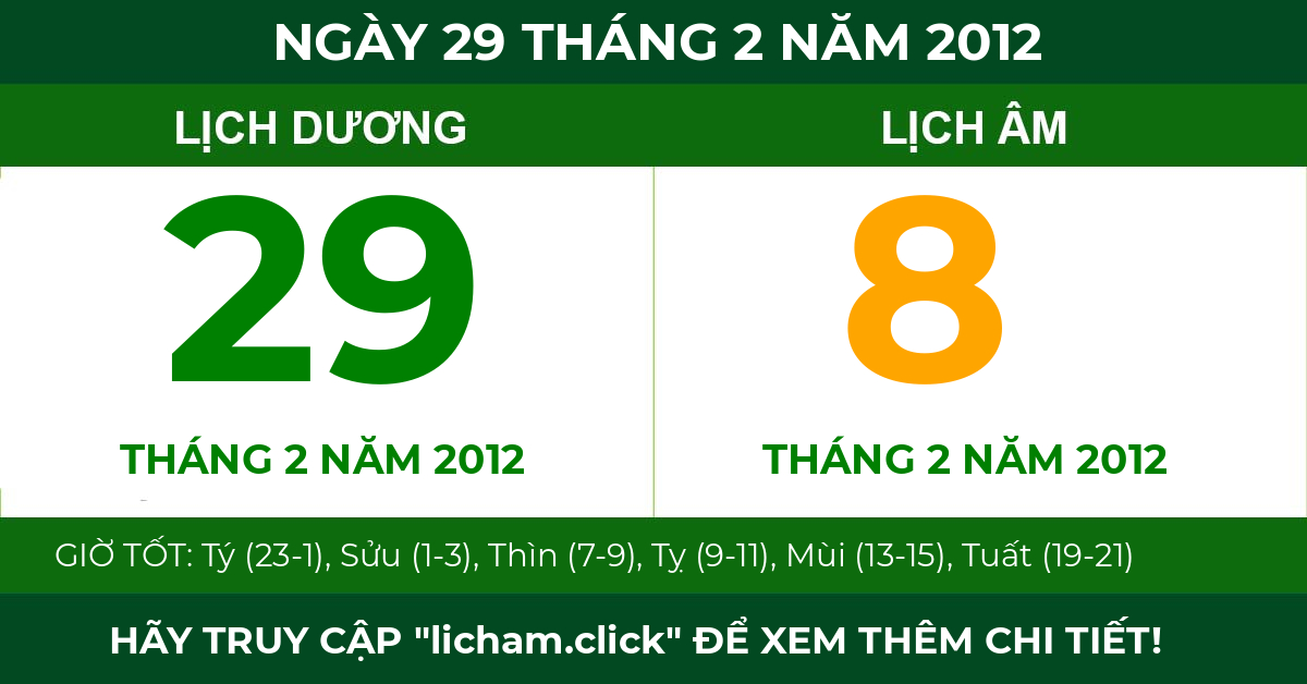 lịch âm ngày 29 tháng 2 năm 2012