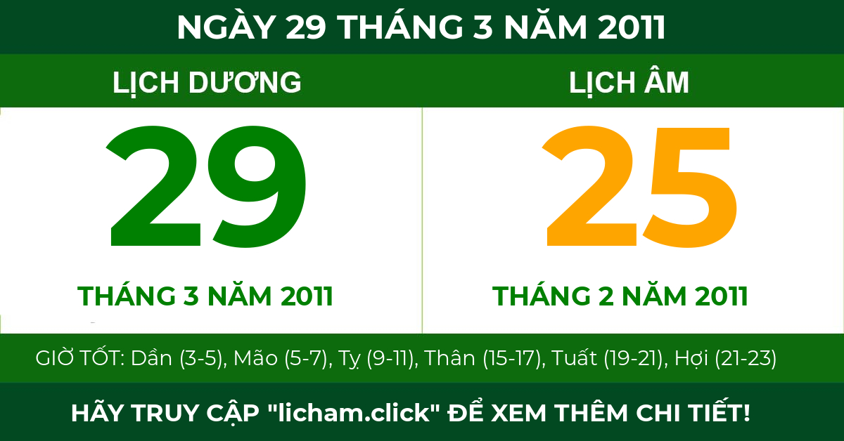 lịch âm ngày 29 tháng 3 năm 2011