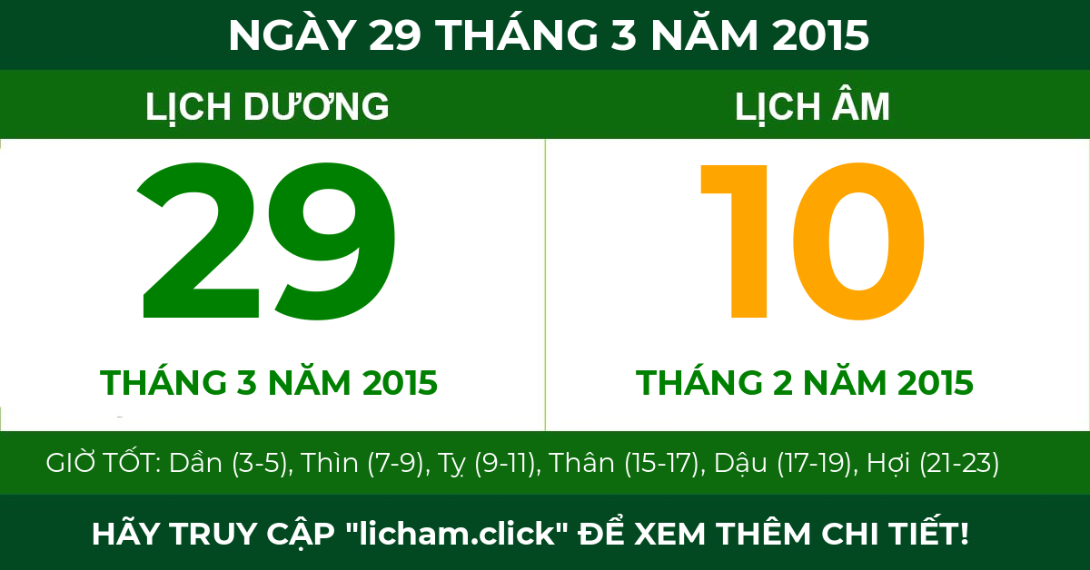 lịch âm ngày 29 tháng 3 năm 2015