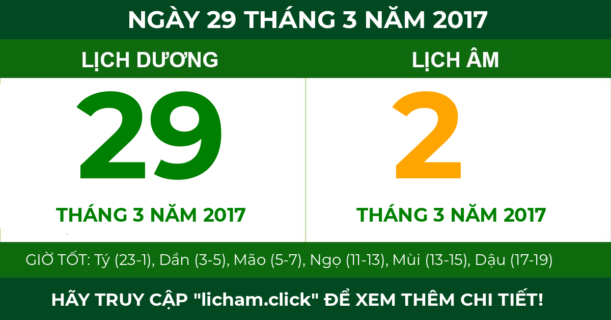 lịch âm ngày 29 tháng 3 năm 2017