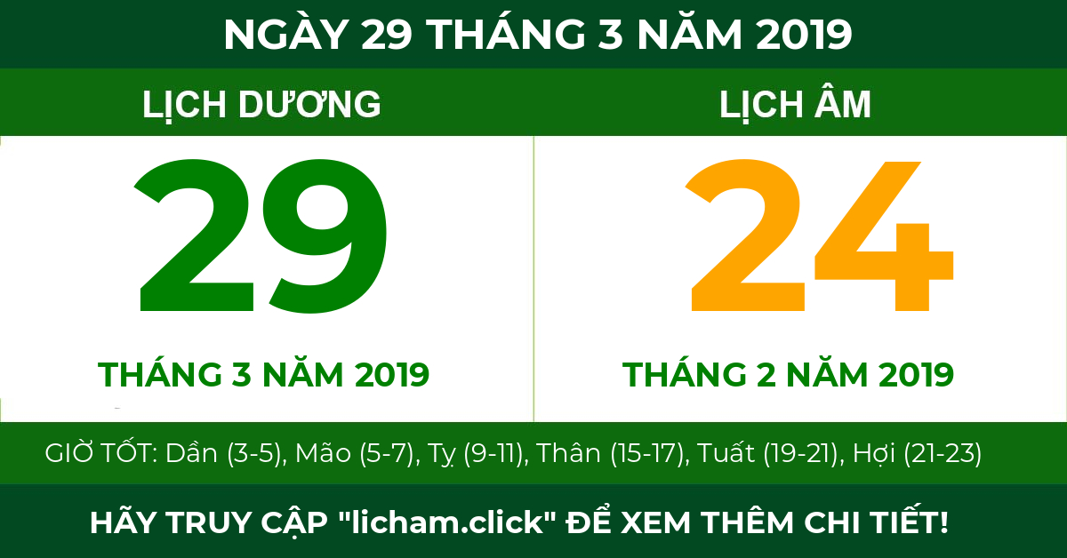 lịch âm ngày 29 tháng 3 năm 2019