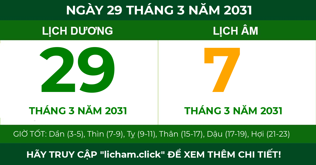 lịch âm ngày 29 tháng 3 năm 2031