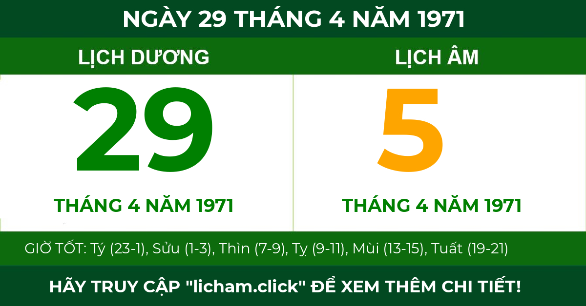 lịch âm ngày 29 tháng 4 năm 1971