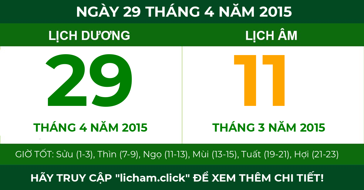 lịch âm ngày 29 tháng 4 năm 2015