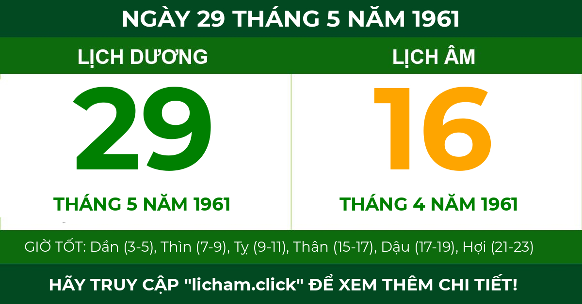 lịch âm ngày 29 tháng 5 năm 1961