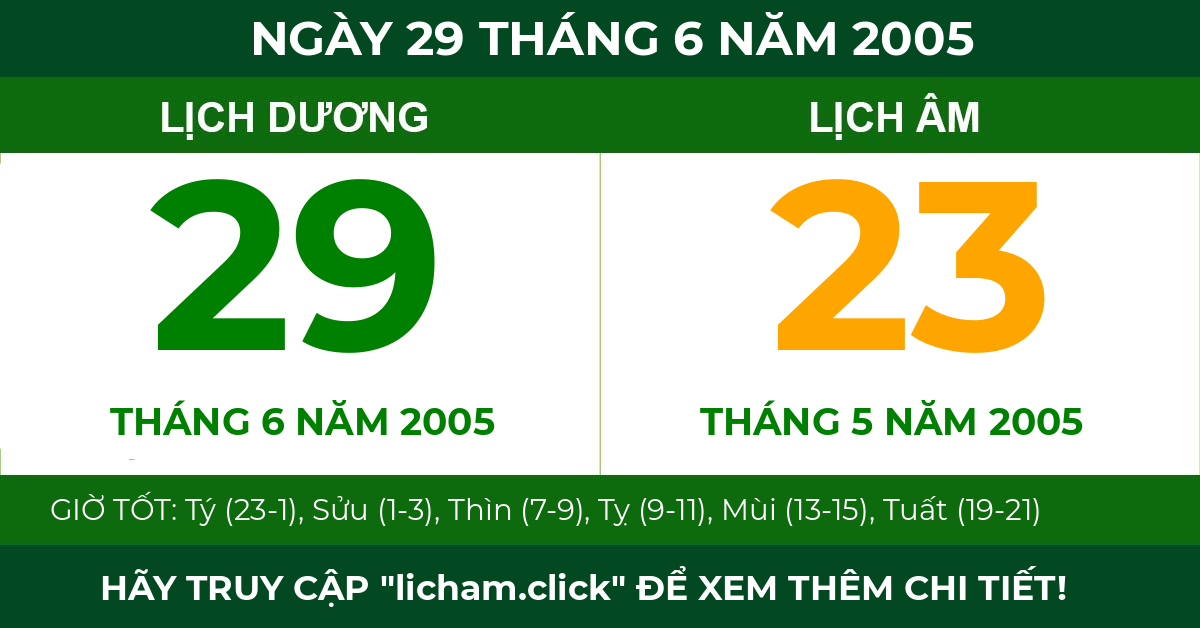 lịch âm ngày 29 tháng 6 năm 2005