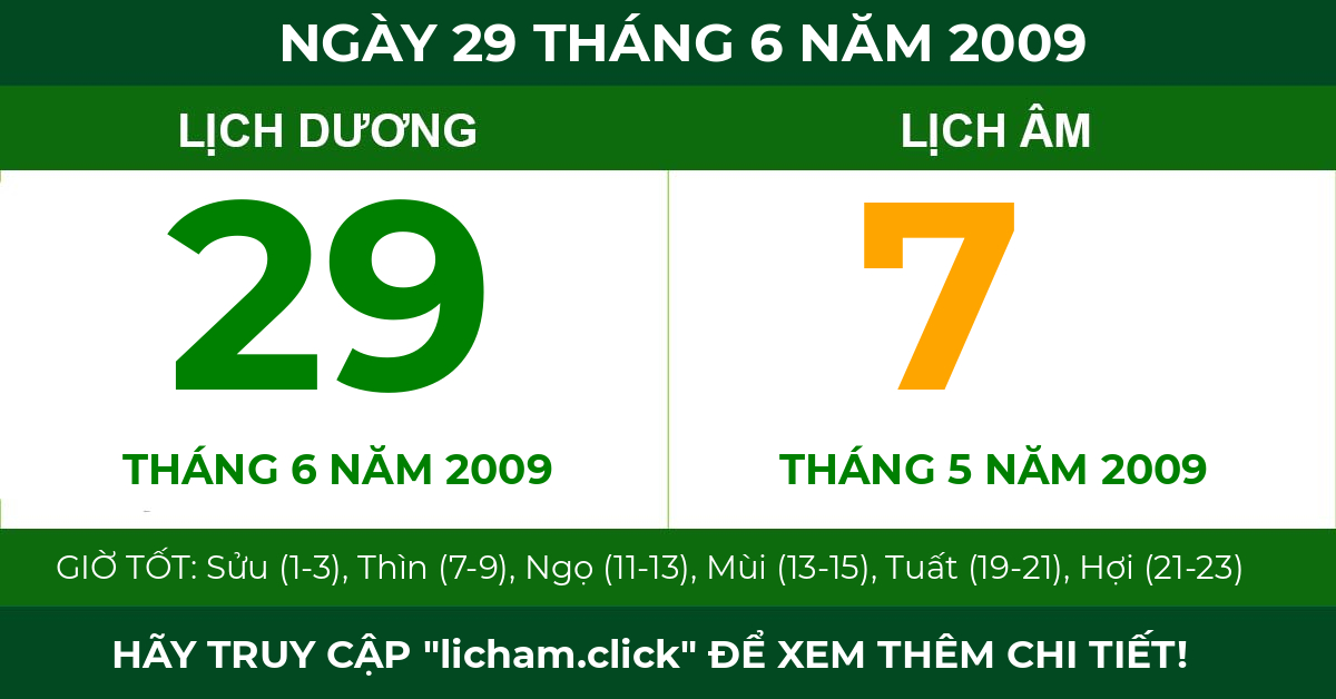 lịch âm ngày 29 tháng 6 năm 2009