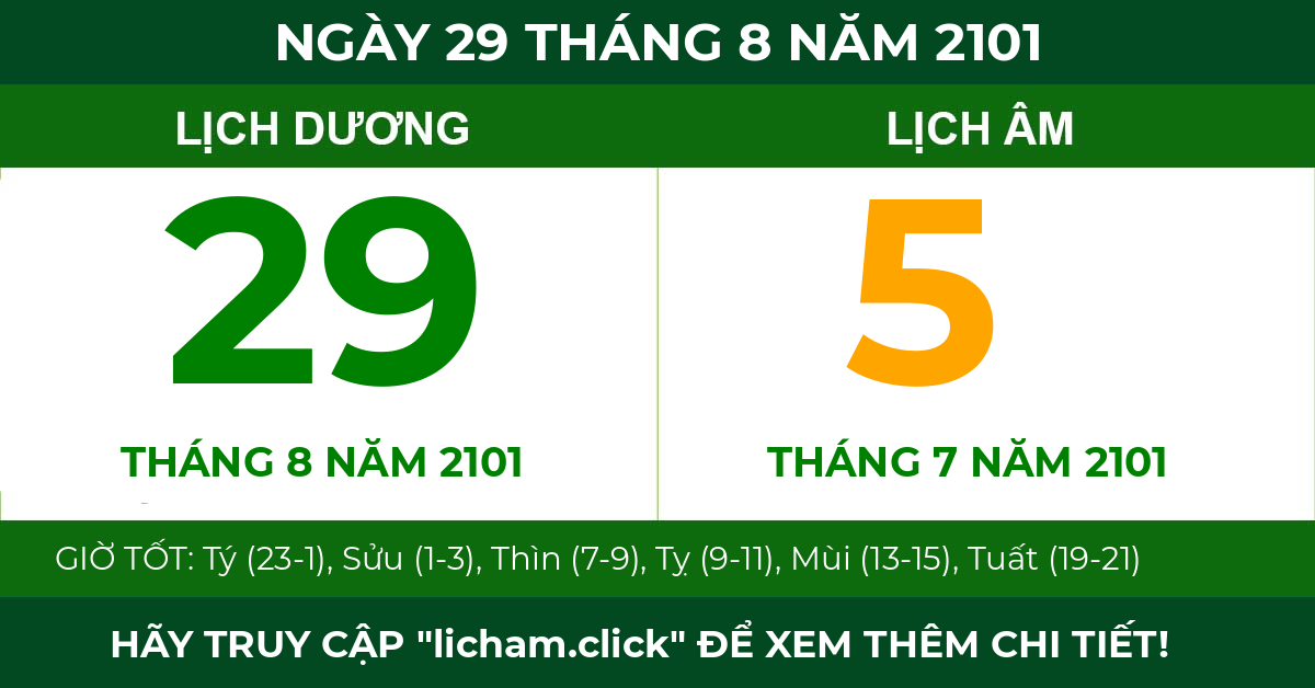lịch âm ngày 29 tháng 8 năm 2101