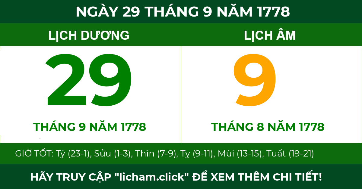 lịch âm ngày 29 tháng 9 năm 1778