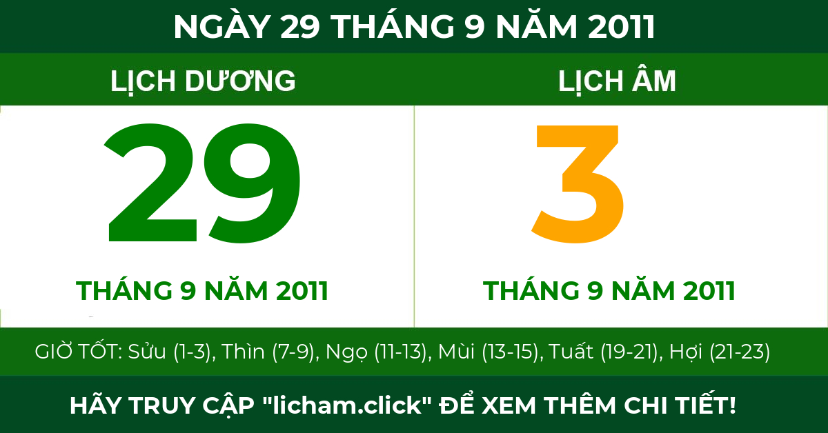 lịch âm ngày 29 tháng 9 năm 2011