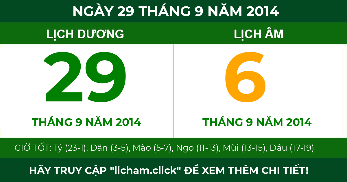 lịch âm ngày 29 tháng 9 năm 2014