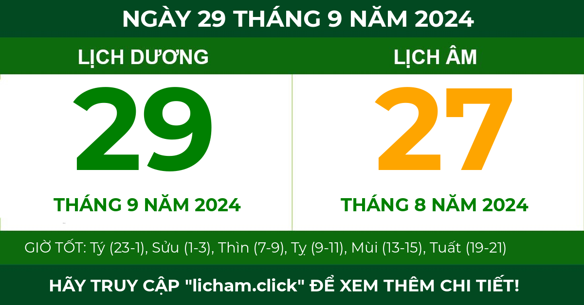lịch âm ngày 29 tháng 9 năm 2024