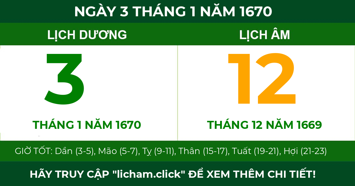 lịch âm ngày 3 tháng 1 năm 1670