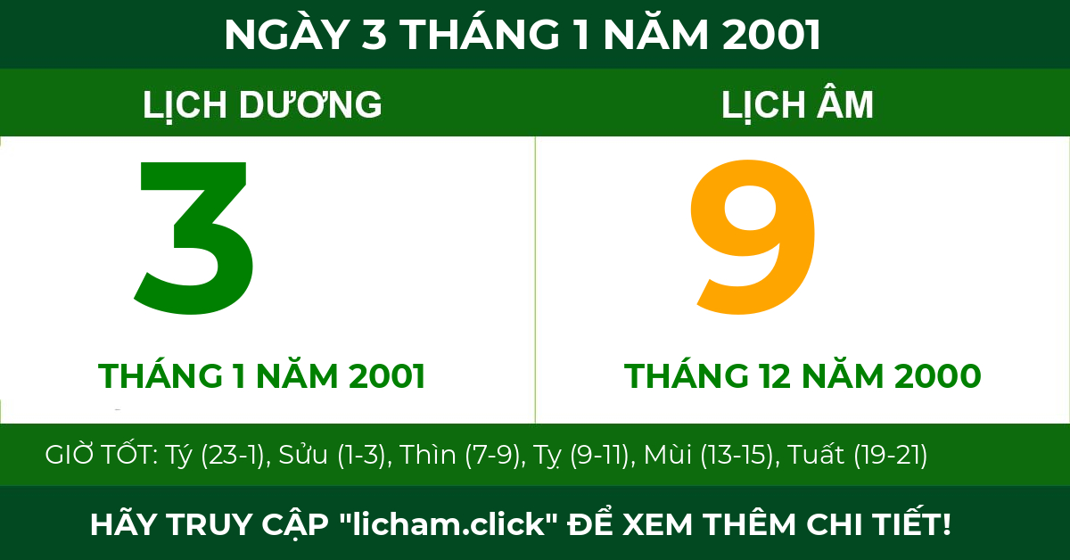 lịch âm ngày 3 tháng 1 năm 2001