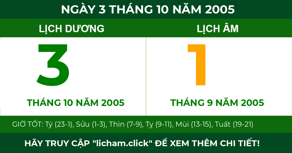 lịch âm ngày 3 tháng 10 năm 2005