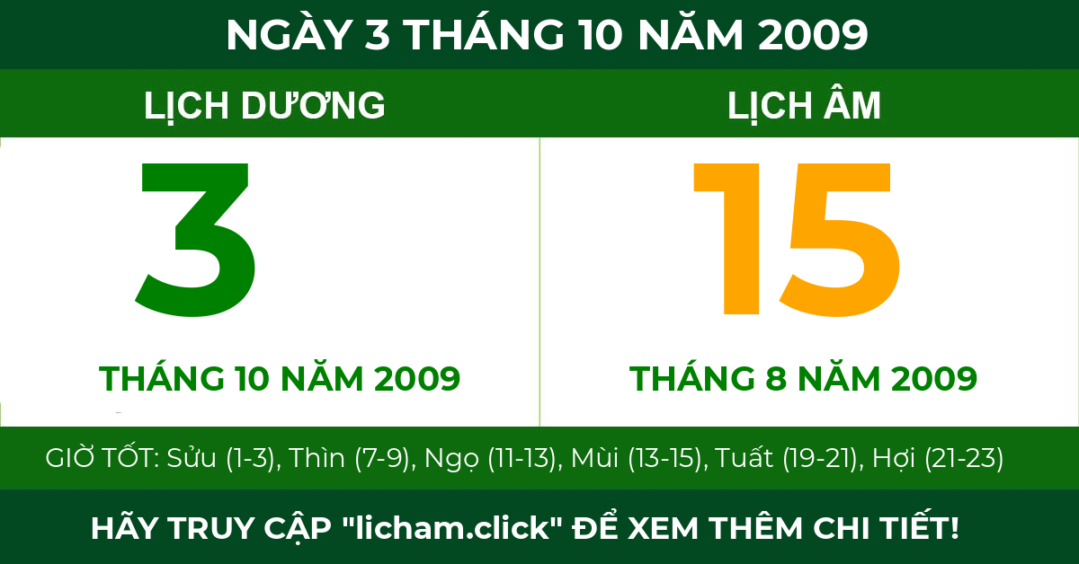 lịch âm ngày 3 tháng 10 năm 2009