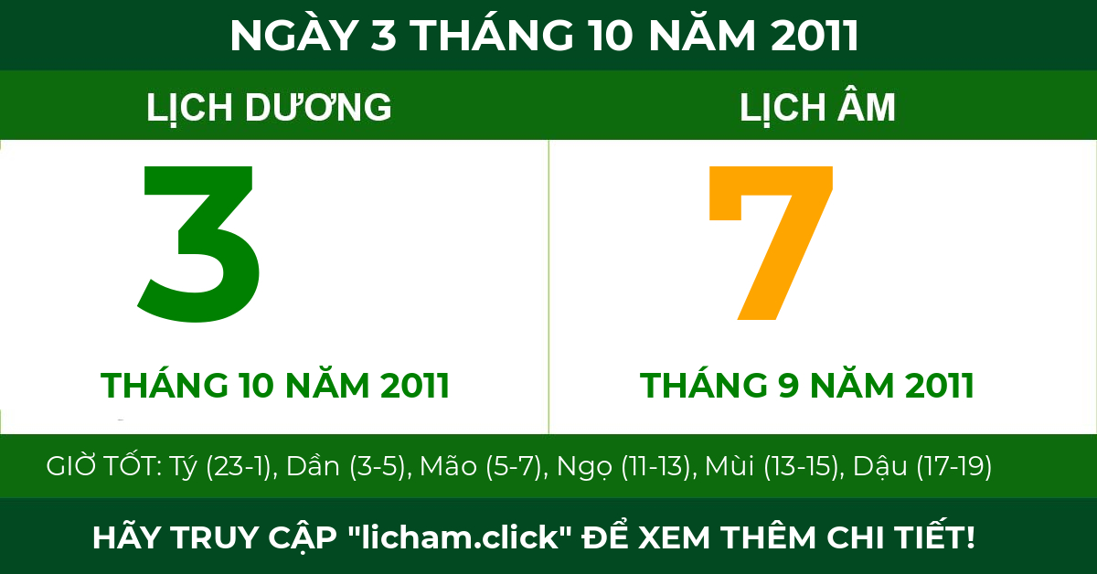 lịch âm ngày 3 tháng 10 năm 2011