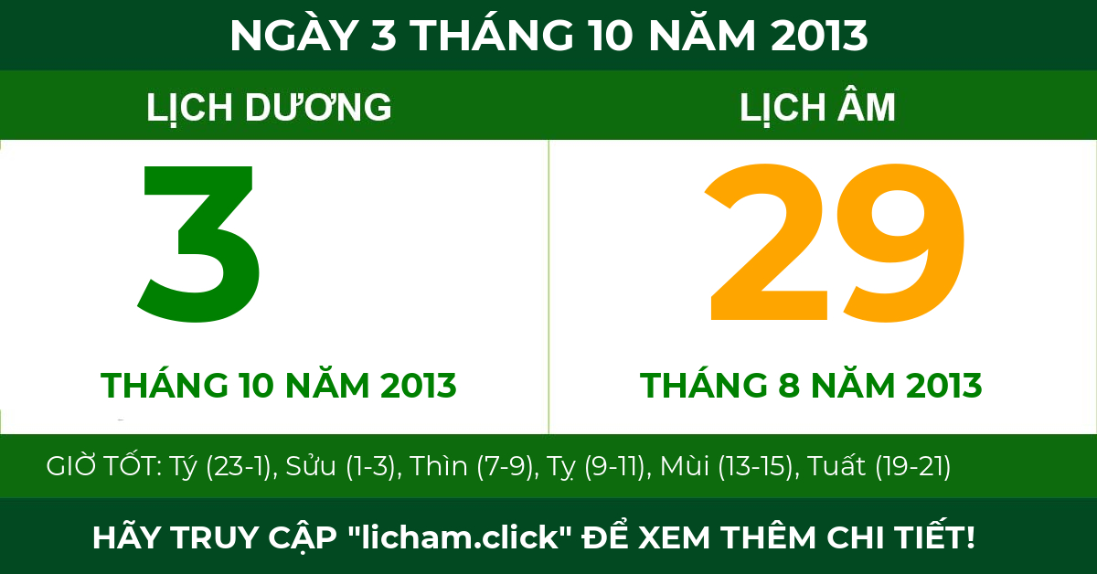 lịch âm ngày 3 tháng 10 năm 2013