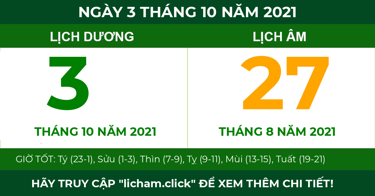 lịch âm ngày 3 tháng 10 năm 2021