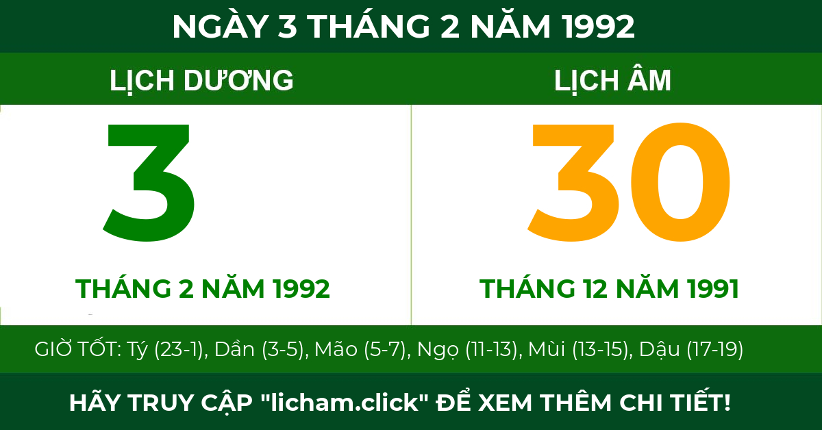 lịch âm ngày 3 tháng 2 năm 1992