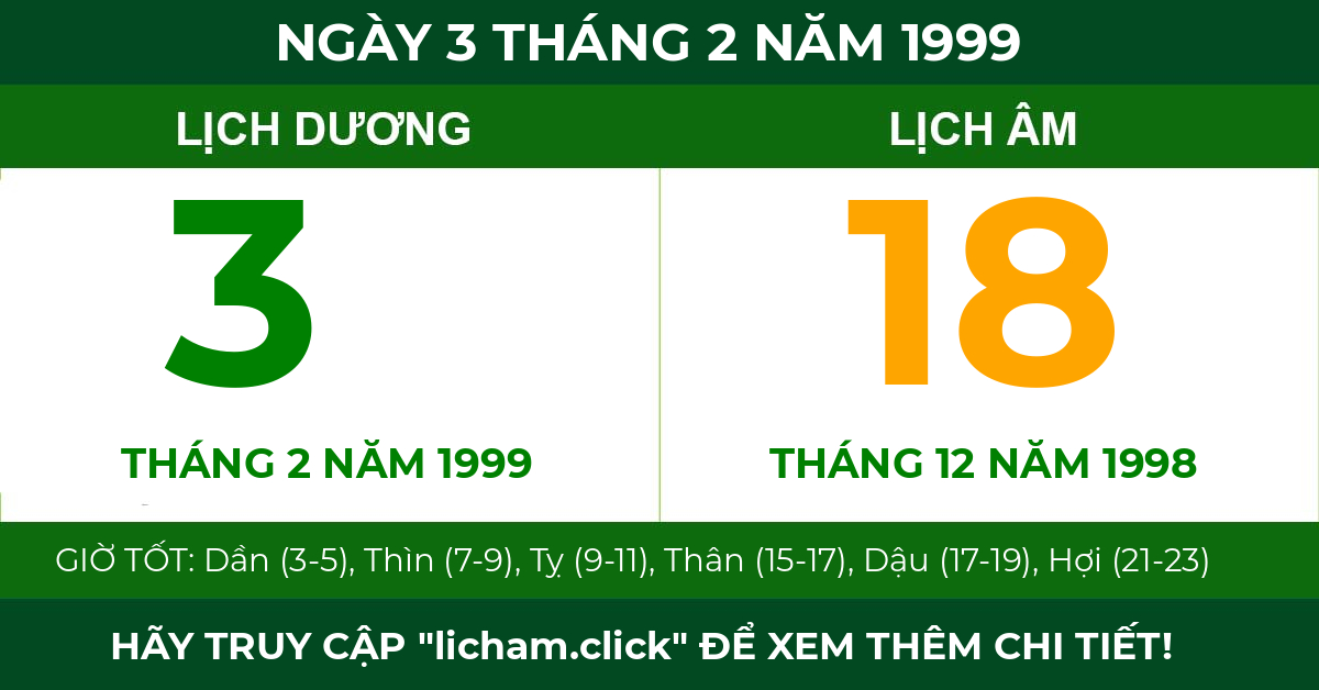 lịch âm ngày 3 tháng 2 năm 1999