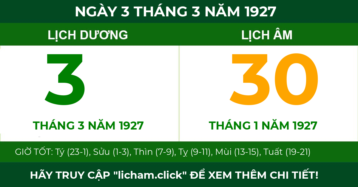 lịch âm ngày 3 tháng 3 năm 1927