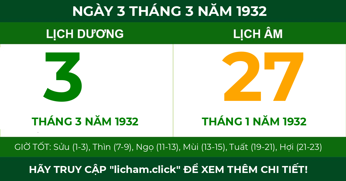lịch âm ngày 3 tháng 3 năm 1932