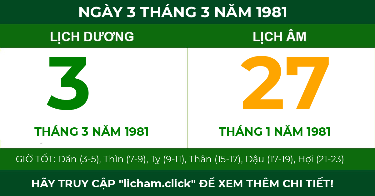 lịch âm ngày 3 tháng 3 năm 1981